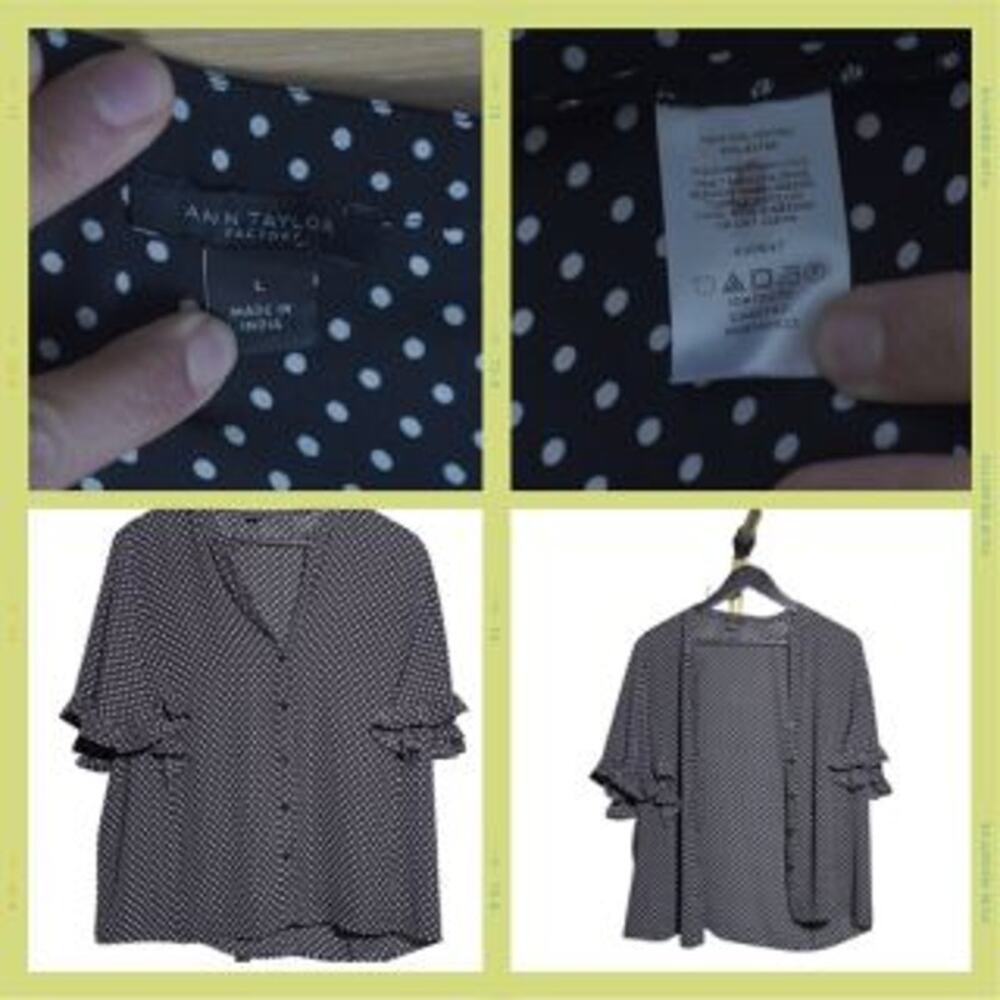Ann Taylor Factory Blouse Sz L 2PK Black Solid & Polka Dot Flutter Sleeves EUC - Picture 7 of 14